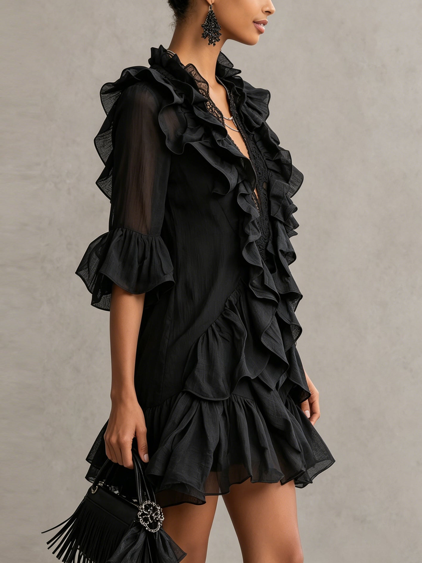 Anaïs | Mini Jurk in Zwart Georgette met Volants