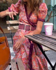 Elegante Roze Bloemenprint Korte Mouwen Maxi Jurk