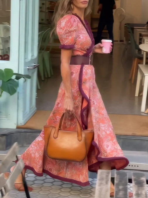 Elegante Roze Bloemenprint Korte Mouwen Maxi Jurk