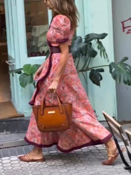 Elegante Roze Bloemenprint Korte Mouwen Maxi Jurk