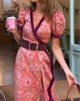 Elegante Roze Bloemenprint Korte Mouwen Maxi Jurk