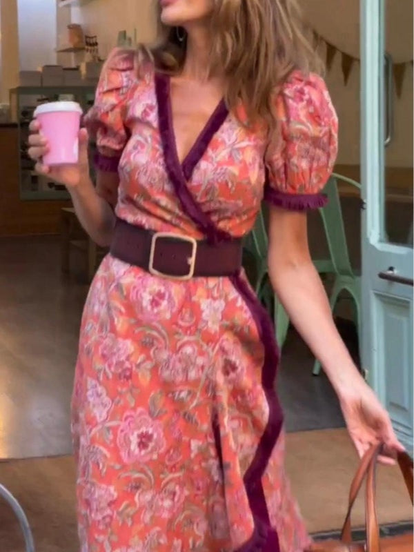 Elegante Roze Bloemenprint Korte Mouwen Maxi Jurk
