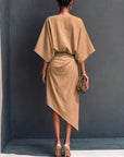 Khaki Draped Asymmetrische Midi-jurk met Korte Mouwen