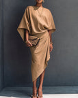 Khaki Draped Asymmetrische Midi-jurk met Korte Mouwen