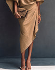 Khaki Draped Asymmetrische Midi-jurk met Korte Mouwen