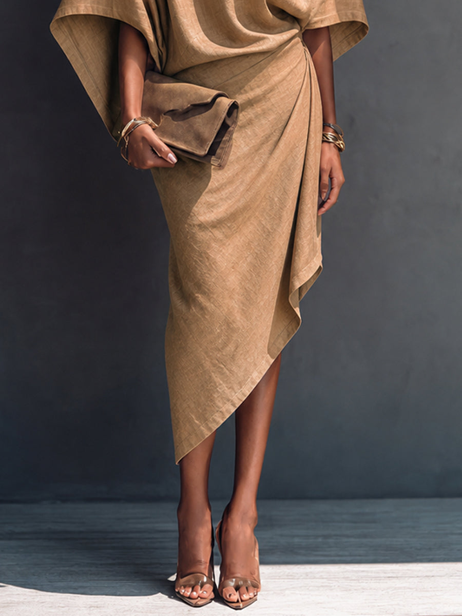 Khaki Draped Asymmetrische Midi-jurk met Korte Mouwen