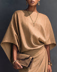 Khaki Draped Asymmetrische Midi-jurk met Korte Mouwen