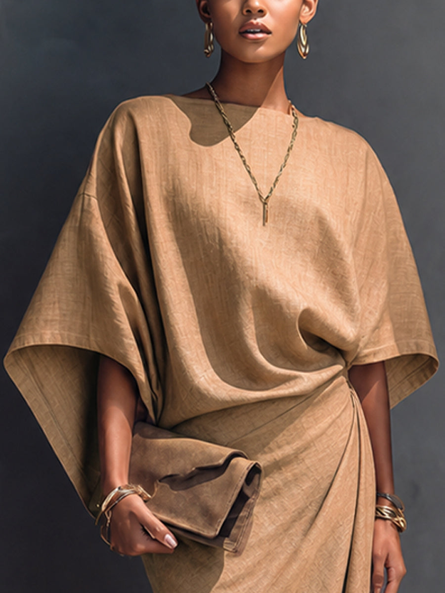 Khaki Draped Asymmetrische Midi-jurk met Korte Mouwen