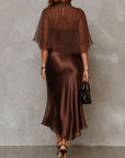 Bruine Chiffon Blouse En Satijnen Midi Jurk Tweedelige Set