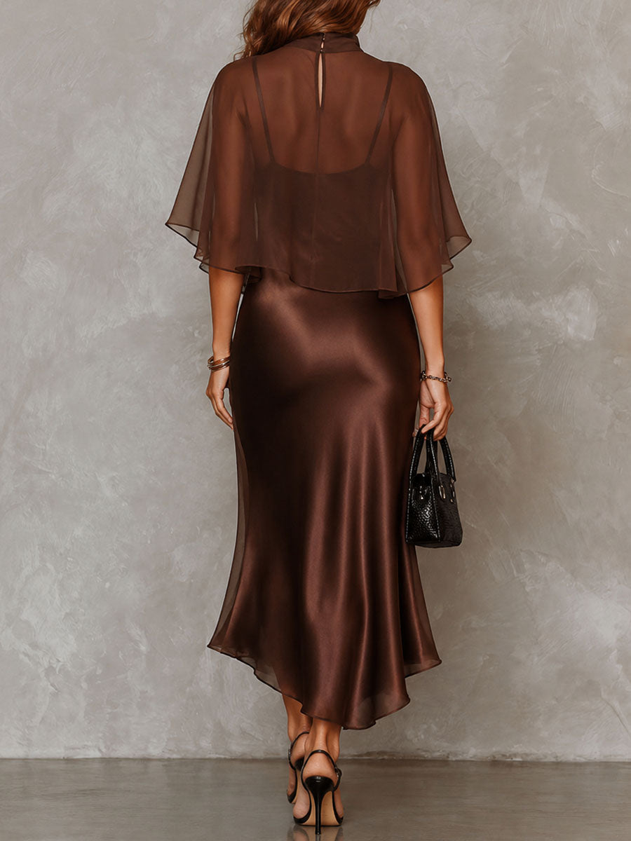 Bruine Chiffon Blouse En Satijnen Midi Jurk Tweedelige Set