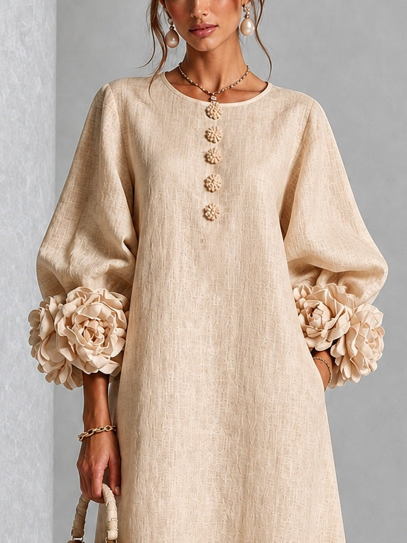 Beige Bloemen Knopen Midi Jurk Met Opvallende Bloemen Mouwen