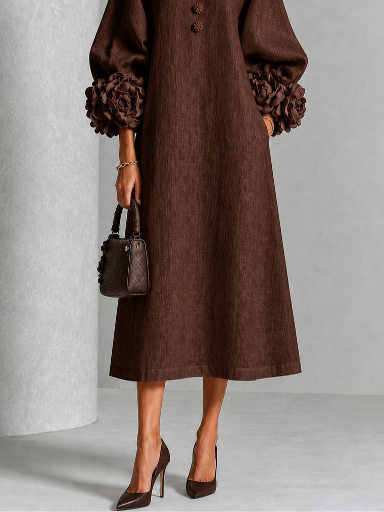 Chocoladebruine Bloemen Knopen Midi Jurk Met Opvallende Bloemen Manchetten