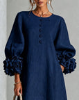 Marineblauwe Bloemen Button-down Midi-jurk Met Opvallende Bloemenmanchetten