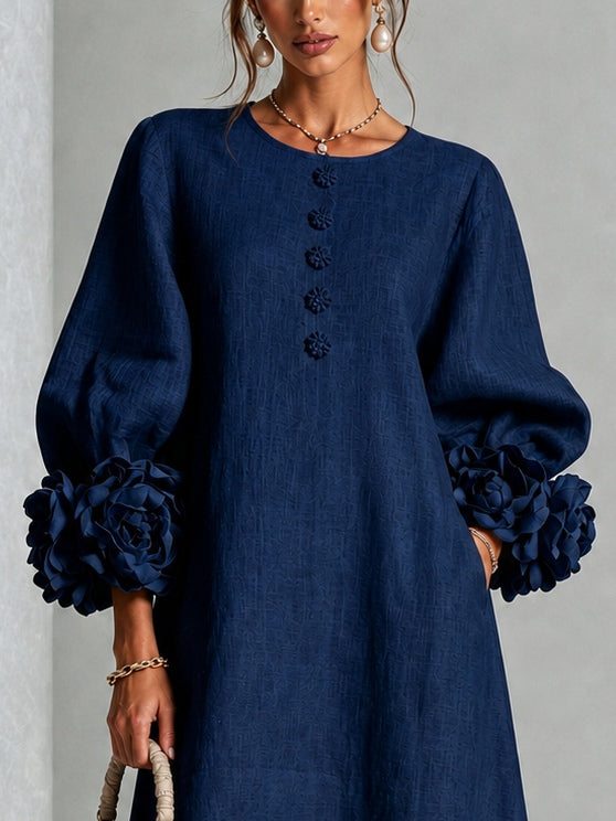 Marineblauwe Bloemen Button-down Midi-jurk Met Opvallende Bloemenmanchetten