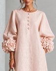 Roze Bloemen Knop-down Midi Jurk Met Opvallende Bloemenmanchetten