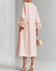 Roze Bloemen Knop-down Midi Jurk Met Opvallende Bloemenmanchetten