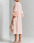 Roze Bloemen Knop-down Midi Jurk Met Opvallende Bloemenmanchetten