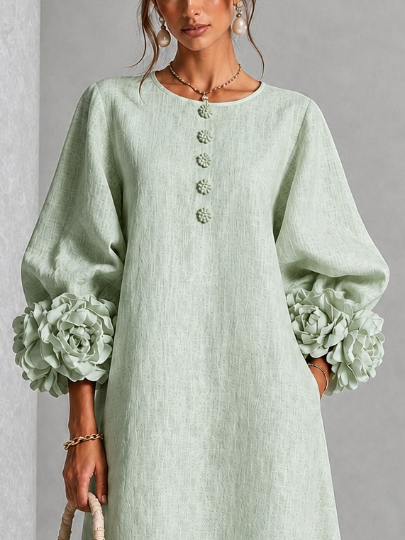 Sage Mist Bloemen Knop-down Midi Jurk Met Opvallende Bloemen Manchetten