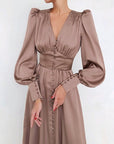 Satin Solid Ballon Mouw V-Hals Midi Jurk