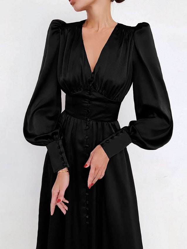 Satin Solid Ballon Mouw V-Hals Midi Jurk