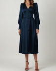 Satin Solid Ballon Mouw V-Hals Midi Jurk