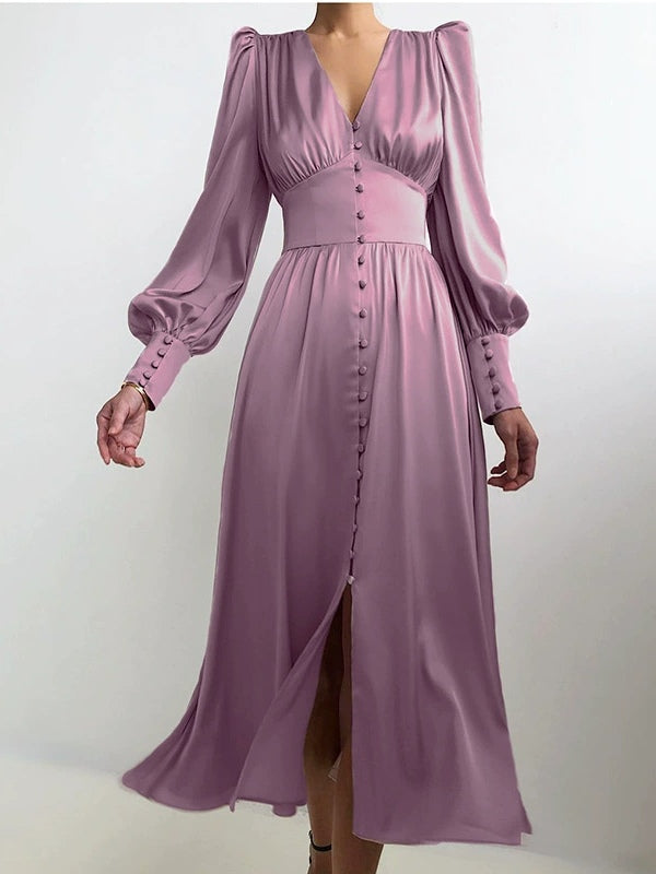 Satin Solid Ballon Mouw V-Hals Midi Jurk