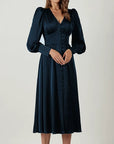 Satin Solid Ballon Mouw V-Hals Midi Jurk