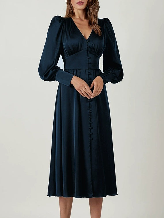 Satin Solid Ballon Mouw V-Hals Midi Jurk