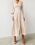 Satin Solid Ballon Mouw V-Hals Midi Jurk