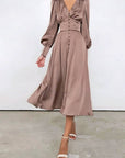 Satin Solid Ballon Mouw V-Hals Midi Jurk