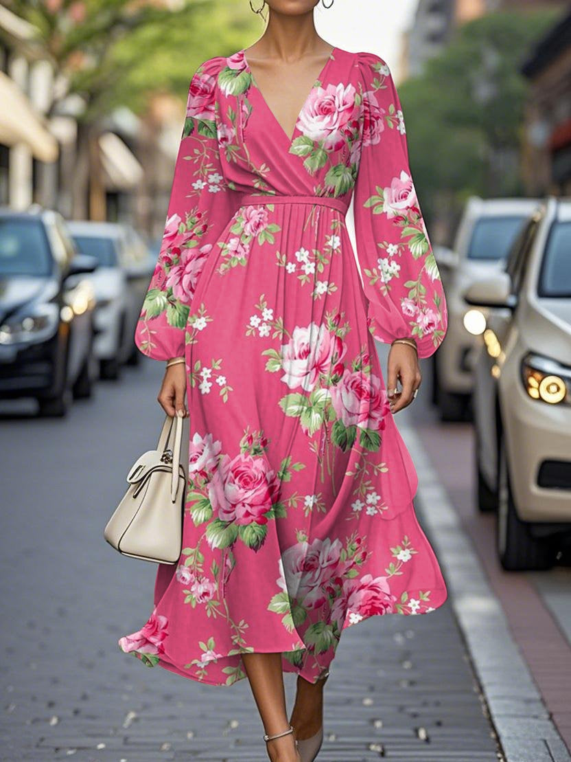 Elegante Bloemen V-hals Chiffon Plissé Midi Jurk