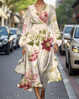 Elegante Bloemen V-hals Chiffon Plissé Midi Jurk