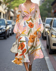 Elegante Bloemen V-hals Chiffon Plissé Midi Jurk