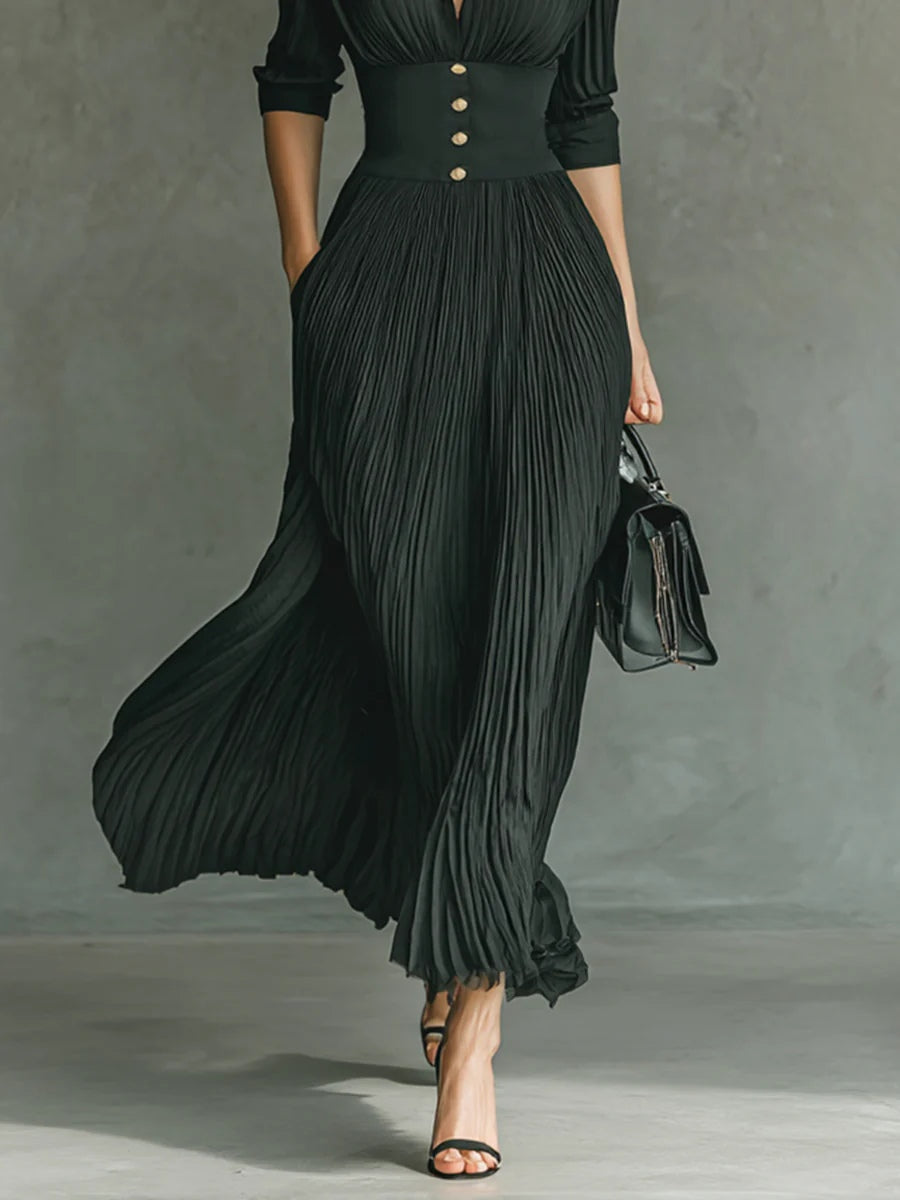 Leona - Lange geplooide jurk met revers en hoge taille