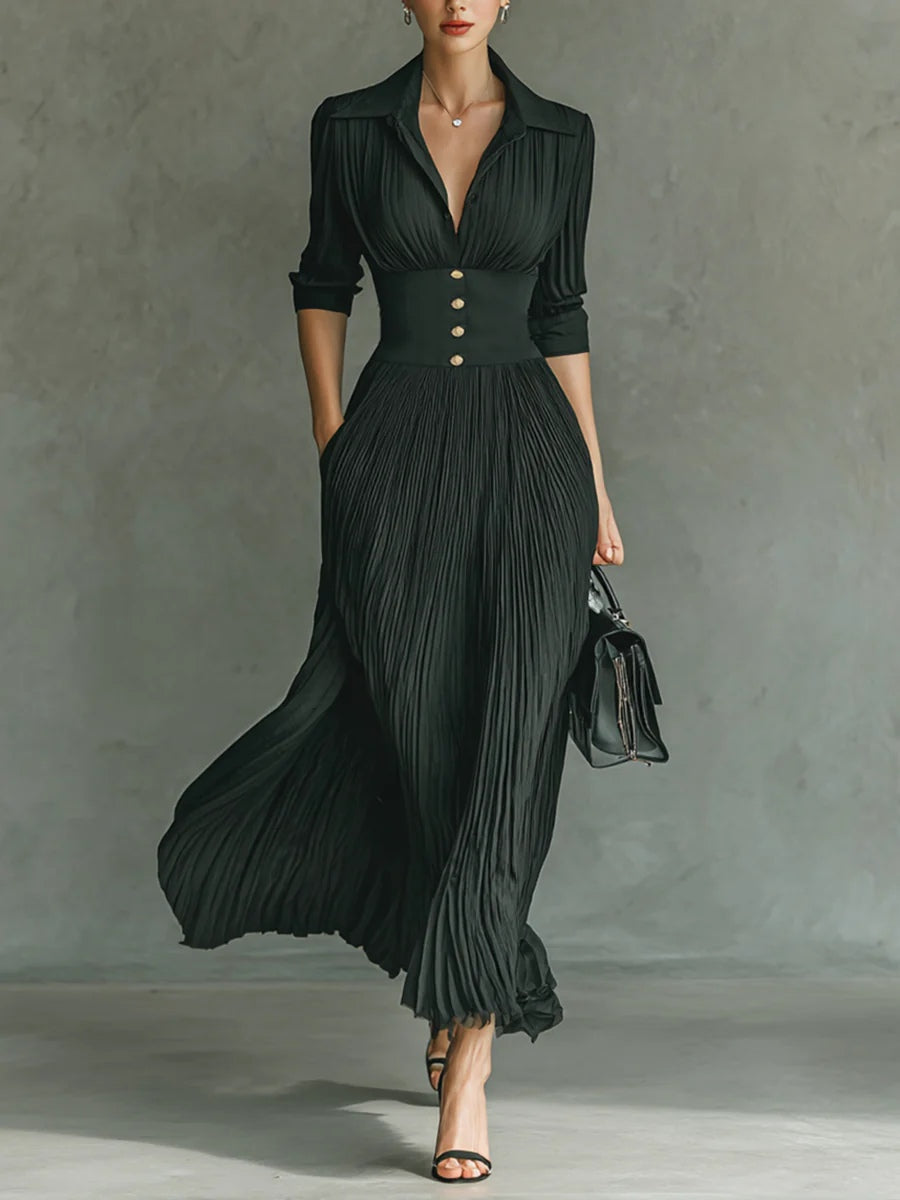 Leona - Lange geplooide jurk met revers en hoge taille