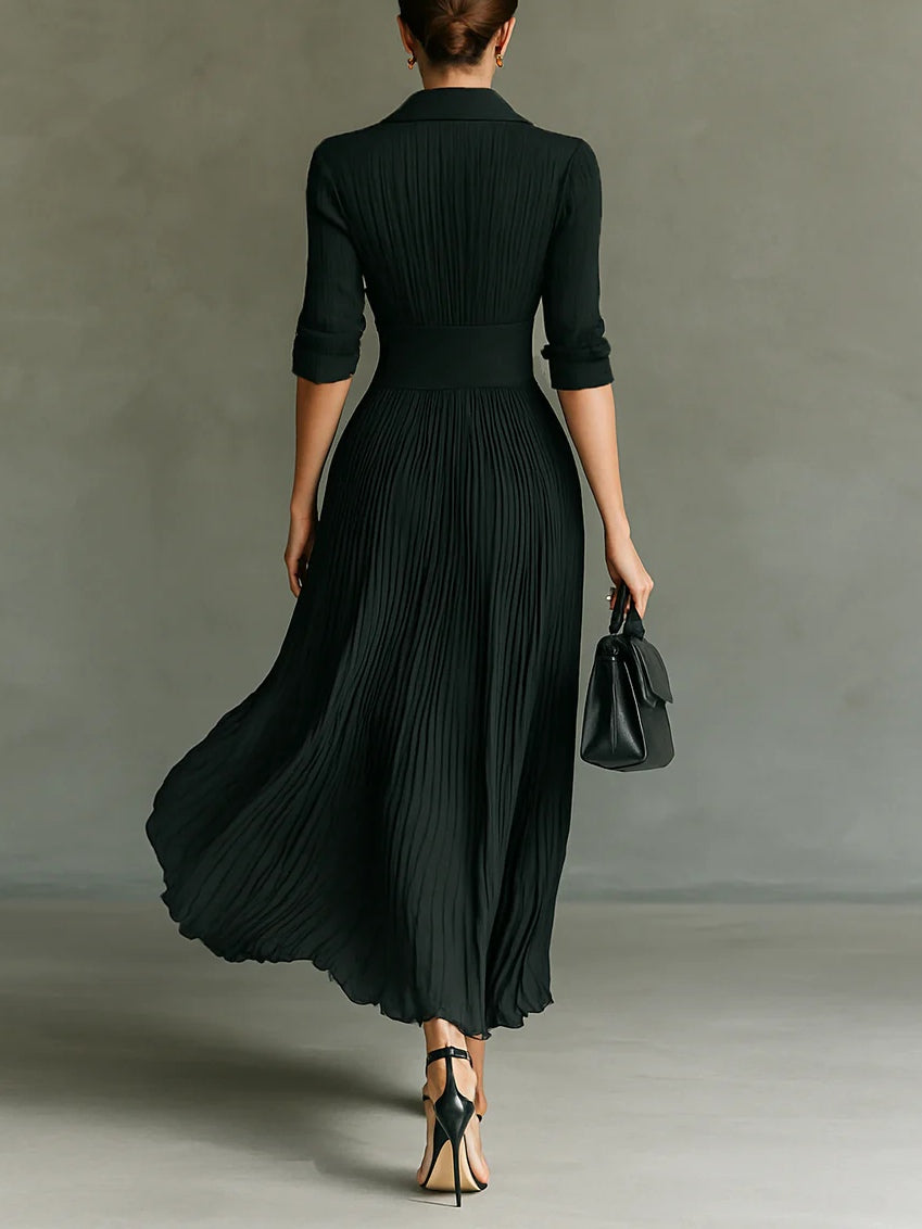 Leona - Lange geplooide jurk met revers en hoge taille