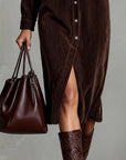 Losse Corduroy Midi-jurk met Dubbele Borstzakken en Enkele Knopen