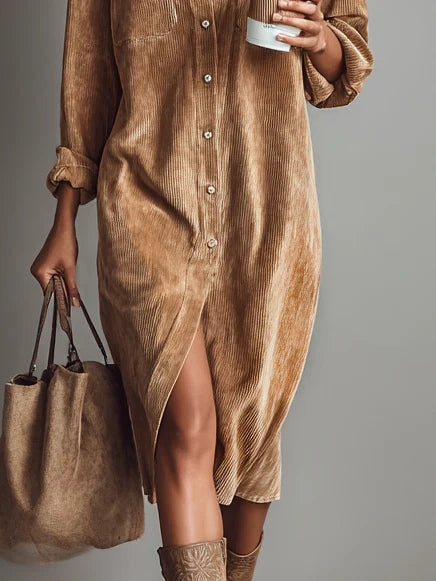 Losse Corduroy Midi-jurk met Dubbele Borstzakken en Enkele Knopen
