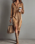 Losse Corduroy Midi-jurk met Dubbele Borstzakken en Enkele Knopen