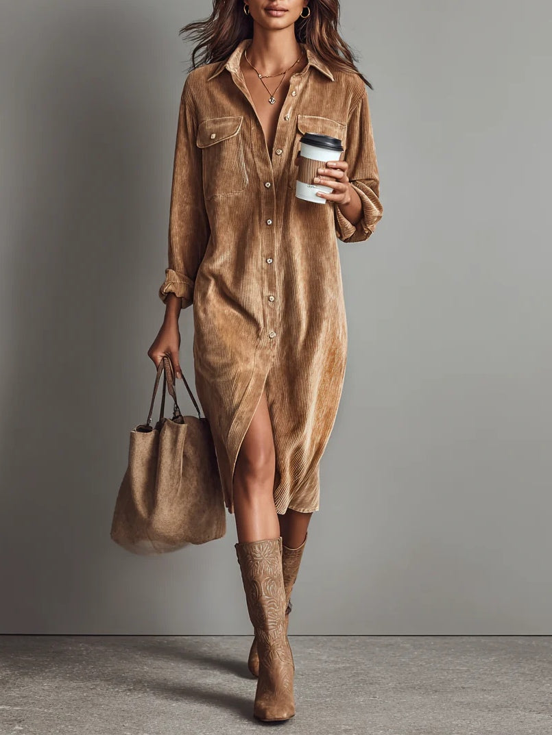 Losse Corduroy Midi-jurk met Dubbele Borstzakken en Enkele Knopen