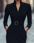 Zwarte Stand Collar Drawstring Shift Midi Dress