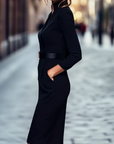 Zwarte Stand Collar Drawstring Shift Midi Dress
