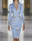 Elegante Blauw Bloemenprint Blazer Midi Jurk