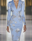 Elegante Blauw Bloemenprint Blazer Midi Jurk