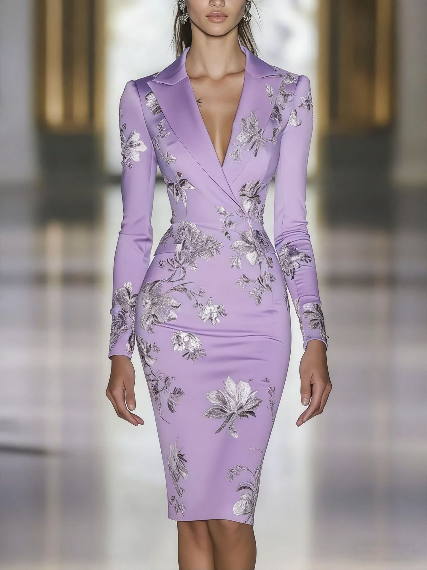 Elegante Blauw Bloemenprint Blazer Midi Jurk