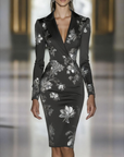 Elegante Blauw Bloemenprint Blazer Midi Jurk
