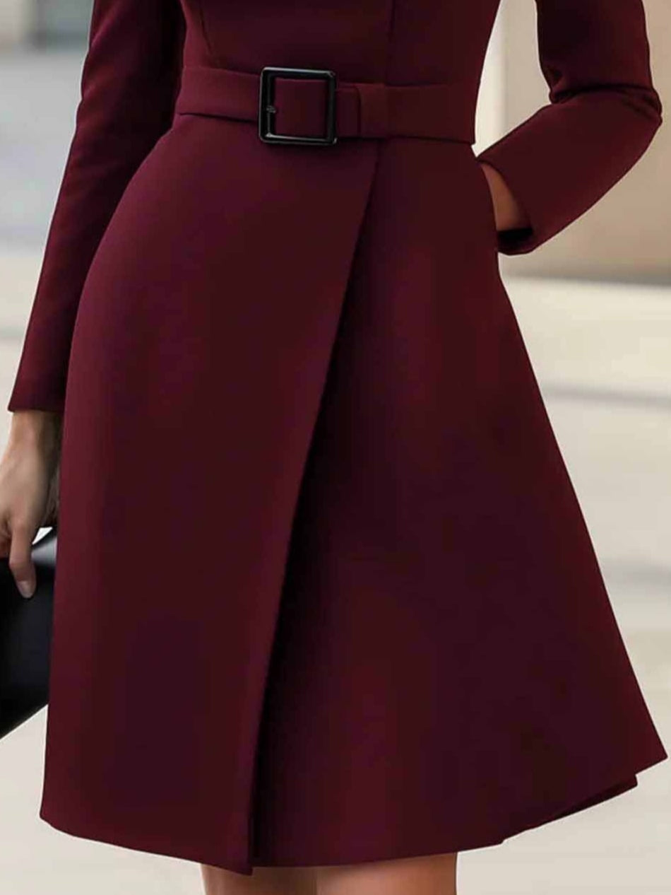 Elegante Hoge Hals Tailleband A-lijn Midi Jurk (met riem)