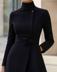 Elegante Hoge Hals Tailleband A-lijn Midi Jurk (met riem)
