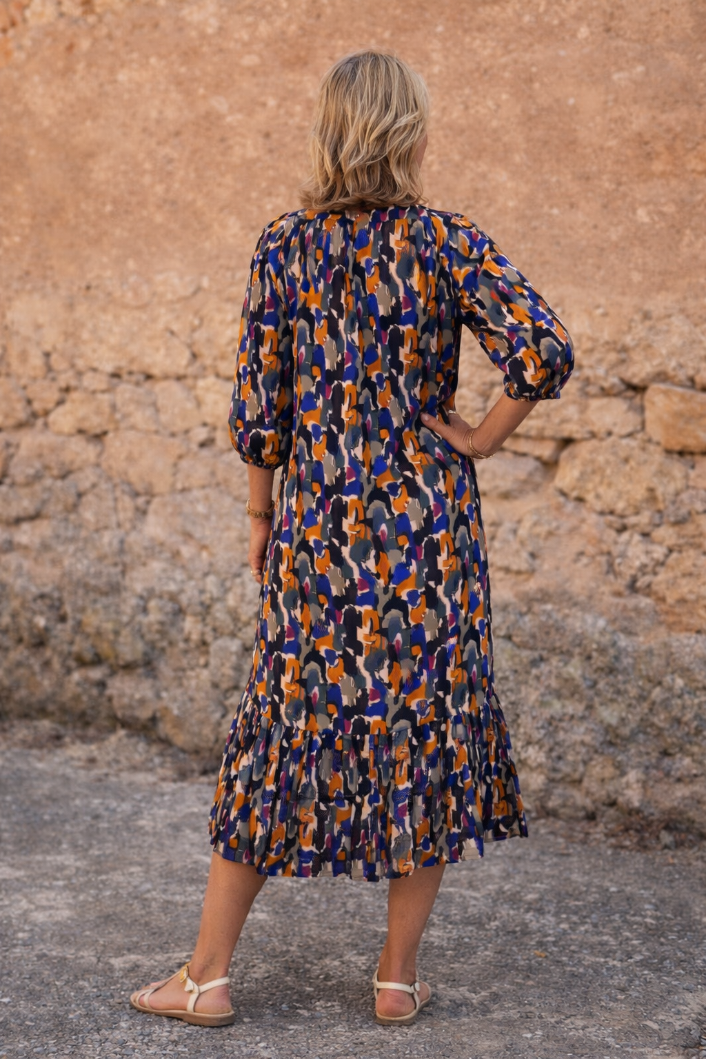 Veronica - Zomerjurk Midi met V-hals en retroprint