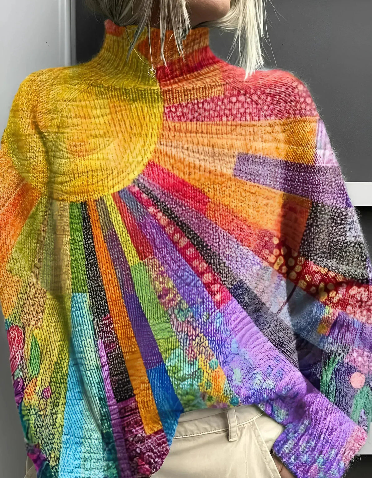 Thyra | Kleurige kasjmieren coltrui met zonprint